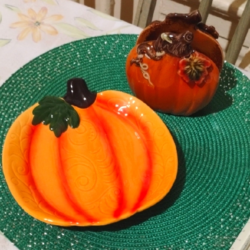 Festive Pumpkin Ceramic Dish and Napkin Holder Set